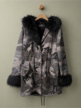 Coalition LA Gray Camouflage Utility Parka with Black Faux-Fur Trim